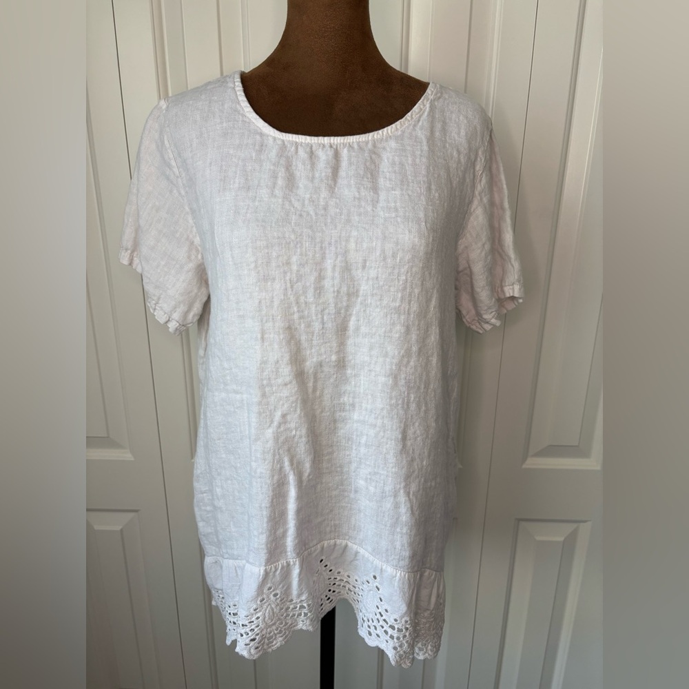 Terzo Millennio Made In Italy Linen White Eyeylet Lace Ruffle Hem Blouse Size M